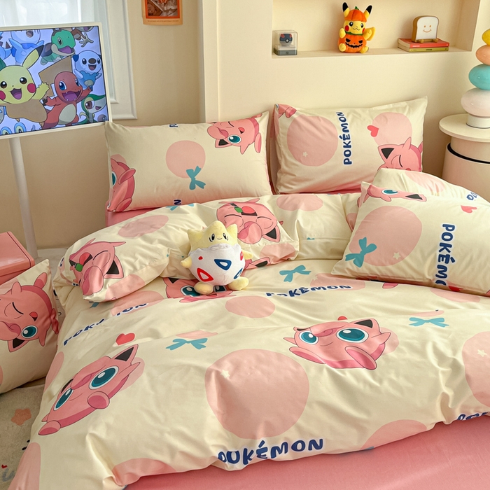 91家纺网 家纺一手货源 找家纺 金爱家 2025新款宝可梦正版授权皮卡丘纯棉印花系列四件套 棉宝可梦-蝴蝶结胖丁