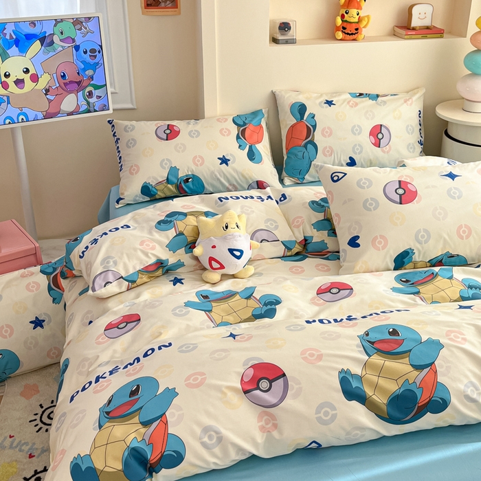 91家纺网 家纺一手货源 找家纺 金爱家 2025新款宝可梦正版授权皮卡丘纯棉印花系列四件套 棉宝可梦-欢快杰尼龟