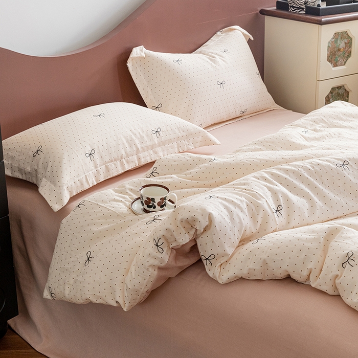 91家纺网 家纺一手货源 找家纺 锦罗绣2025新款A类母婴全棉有氧印花双层纱四件套可定制任意尺寸 波点蝴蝶结