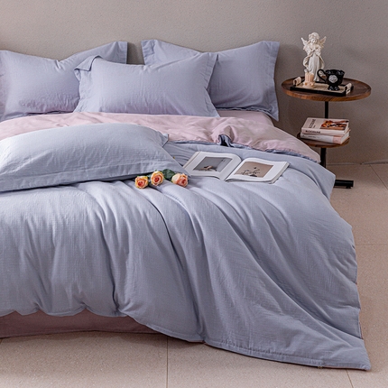 91家纺网 家纺一手货源 找家纺 锦罗绣 2025新款A类全棉有氧双层纱纯色四件套 蓝+紫