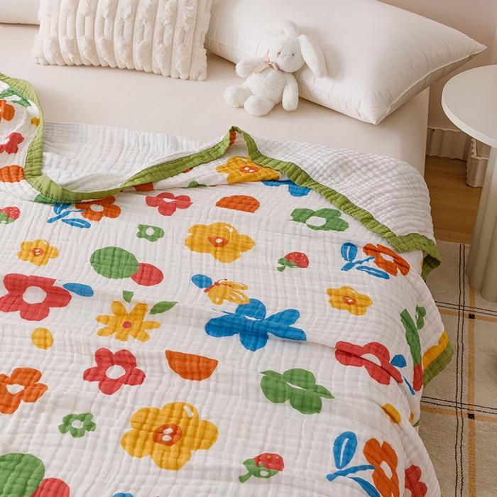 91家纺网 家纺一手货源 找家纺 悦然毛巾被 2025新款全棉泡泡纱6层纱儿童夏被 梦幻彩朵