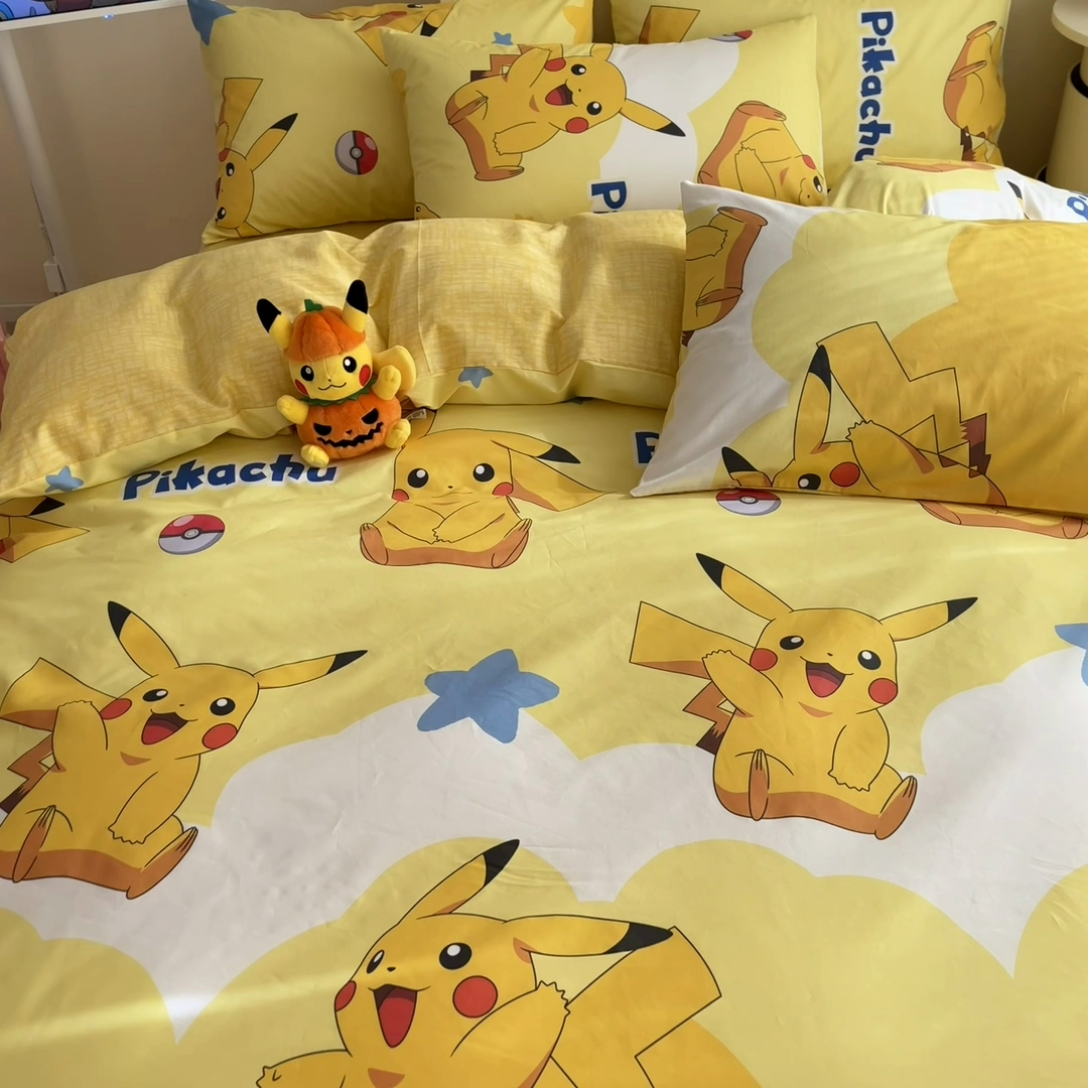 91家纺网 家纺一手货源 找家纺 桃子家居 2025新款宝可梦正版授权皮卡丘纯棉印花系列四件套 棉宝可梦-宝贝皮卡丘