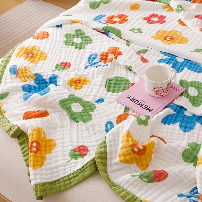 91家纺网 家纺一手货源 找家纺 悦然毛巾被 2025新款全棉泡泡纱6层纱儿童夏被 梦幻彩朵