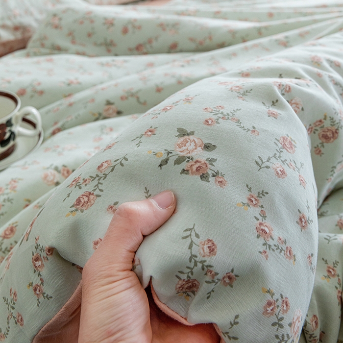 91家纺网 家纺一手货源 找家纺 锦罗绣2025新款A类母婴全棉有氧印花双层纱四件套可定制任意尺寸 春槿