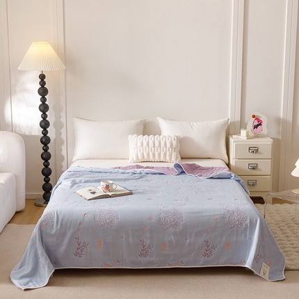 91家纺网 家纺一手货源 找家纺 悦然毛巾被 2025新款全棉６层纱毛巾被 神秘人鱼蓝