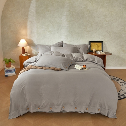 yyds网供 2025新款A类高克重侘寂风纽扣款四件套复古加厚非全棉纯棉日式水洗棉三件套【有买家秀，会员-5】 烟雨灰-侘寂风复古纽扣款