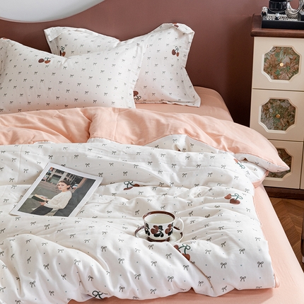 91家纺网 家纺一手货源 找家纺 锦罗绣2025新款A类母婴全棉有氧印花双层纱四件套可定制任意尺寸 樱桃蝴蝶结