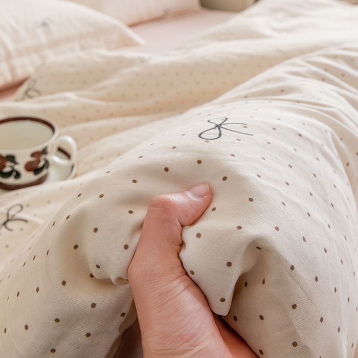 91家纺网 家纺一手货源 找家纺 锦罗绣2025新款A类母婴全棉有氧印花双层纱四件套可定制任意尺寸 波点蝴蝶结
