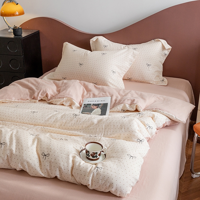 91家纺网 家纺一手货源 找家纺 锦罗绣2025新款A类母婴全棉有氧印花双层纱四件套可定制任意尺寸 波点蝴蝶结