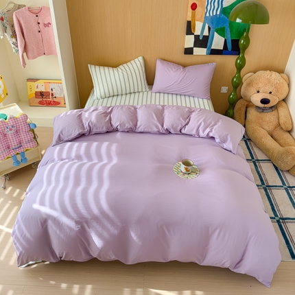 91家纺网 家纺一手货源 找家纺 妖妖家纺 2025新款云感针织棉混搭四件套 清新紫+绿条