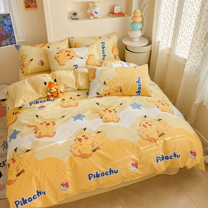 91家纺网 家纺一手货源 找家纺 金爱家 2025新款宝可梦正版授权皮卡丘纯棉印花系列四件套 棉宝可梦-宝贝皮卡丘