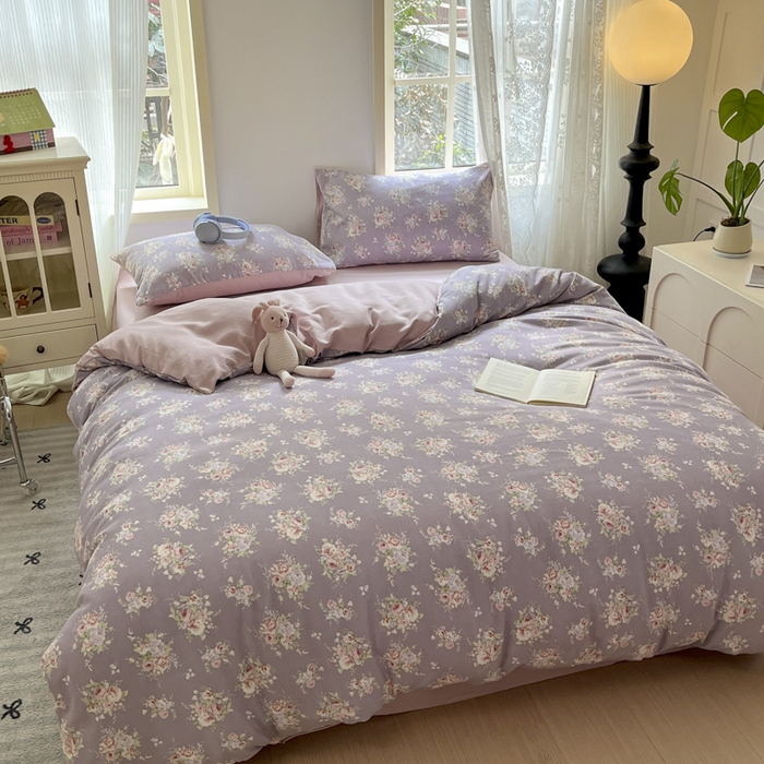 91家纺网 家纺一手货源 找家纺 贝拉梦家纺 2025爆款新款A类有氧针织双层纱四件套 紫萱