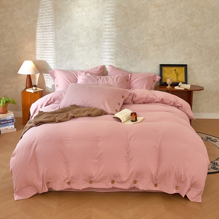 yyds网供 2025新款A类高克重侘寂风纽扣款四件套复古加厚非全棉纯棉日式水洗棉三件套【有买家秀，会员-5】 樱岚粉-侘寂风复古纽扣款