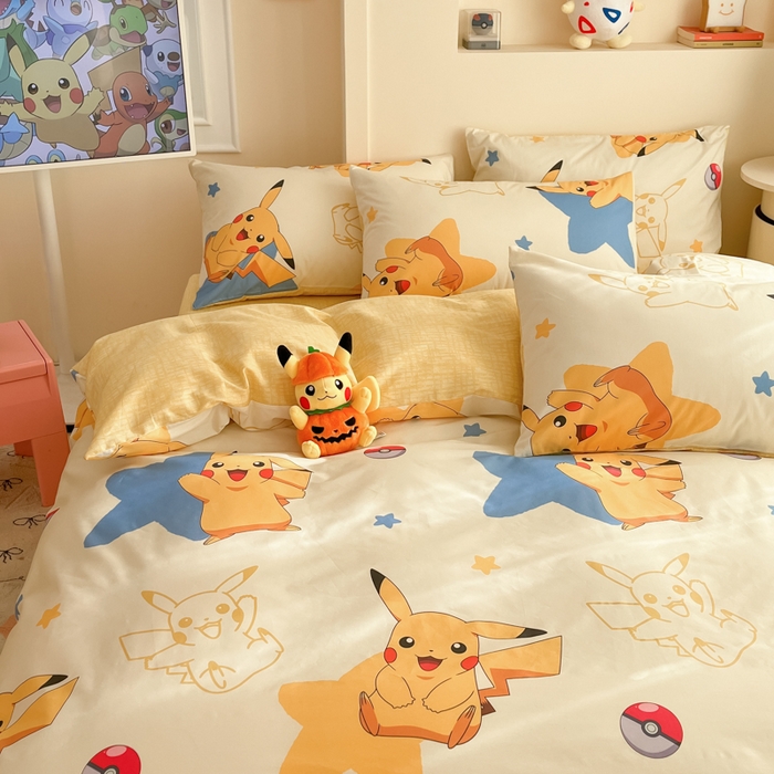91家纺网 家纺一手货源 找家纺 金爱家 2025新款宝可梦正版授权皮卡丘纯棉印花系列四件套 棉宝可梦-星星皮卡丘