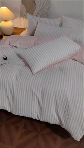 91家纺网 家纺一手货源 找家纺 恩和家纺 2025新款水洗提花条纹四件套 粉白条