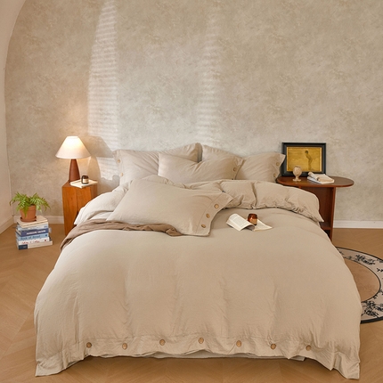 yyds网供 2025新款A类高克重侘寂风纽扣款四件套复古加厚非全棉纯棉日式水洗棉三件套【有买家秀，会员-5】 奶油咖-侘寂风复古纽扣款