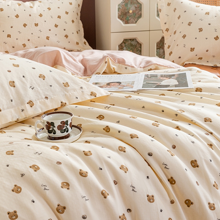 91家纺网 家纺一手货源 找家纺 锦罗绣2025新款A类母婴全棉有氧印花双层纱四件套可定制任意尺寸 呆萌熊