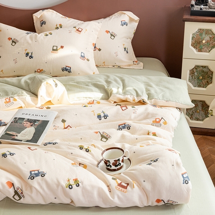 91家纺网 家纺一手货源 找家纺 锦罗绣2025新款A类母婴全棉有氧印花双层纱四件套可定制任意尺寸 萌趣汽车