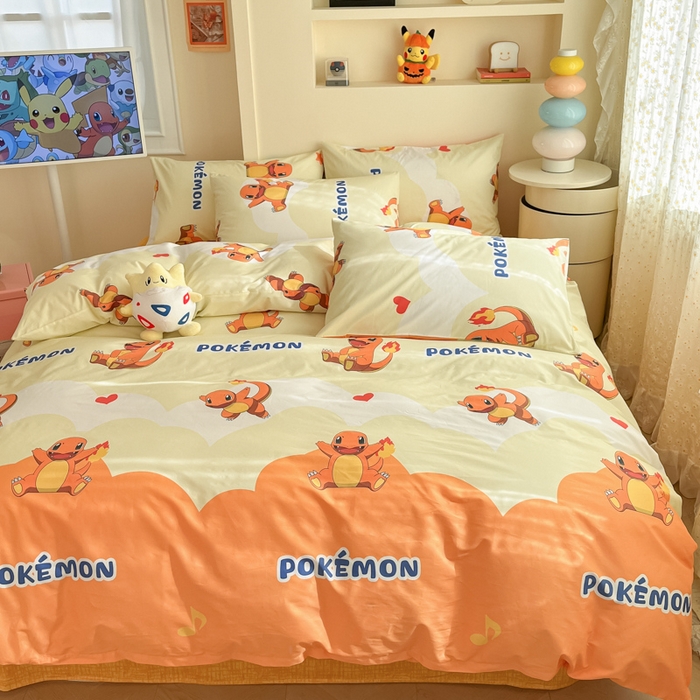 91家纺网 家纺一手货源 找家纺 金爱家 2025新款宝可梦正版授权皮卡丘纯棉印花系列四件套 棉宝可梦-开心喷火龙