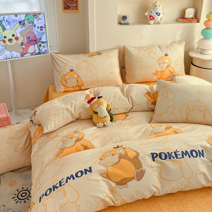 91家纺网 家纺一手货源 找家纺 金爱家 2025新款宝可梦正版授权皮卡丘纯棉印花系列四件套 棉宝可梦-奶黄可达鸭