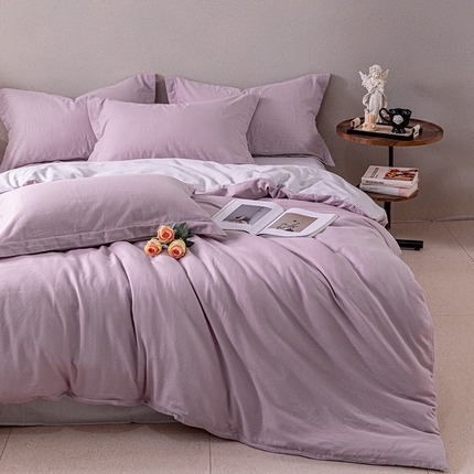 锦罗绣 2025新款A类全棉有氧双层纱纯色四件套 紫+浅灰