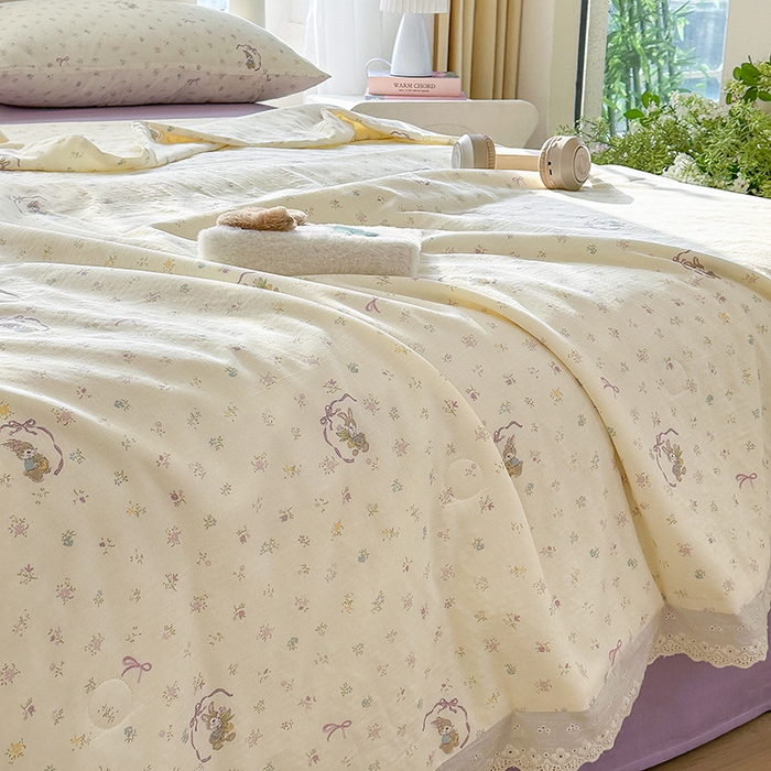 91家纺网 家纺一手货源 找家纺 木楌家居 2025新款全棉双层纱大豆夏被 花枝小兔