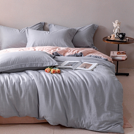 锦罗绣 2025新款A类全棉有氧双层纱纯色四件套 灰+玉