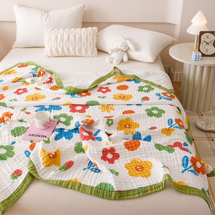 91家纺网 家纺一手货源 找家纺 悦然毛巾被 2025新款全棉泡泡纱6层纱儿童夏被 梦幻彩朵