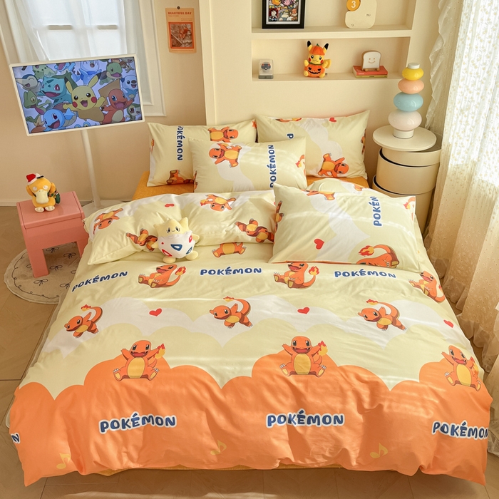 91家纺网 家纺一手货源 找家纺 金爱家 2025新款宝可梦正版授权皮卡丘纯棉印花系列四件套 棉宝可梦-开心喷火龙