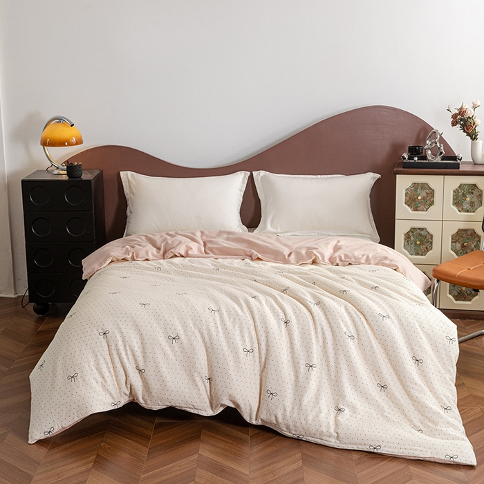 91家纺网 家纺一手货源 找家纺 锦罗绣2025新款A类母婴全棉有氧印花双层纱四件套可定制任意尺寸 波点蝴蝶结