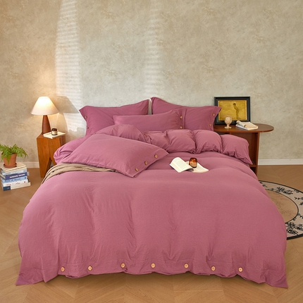 yyds网供 2025新款A类高克重侘寂风纽扣款四件套复古加厚非全棉纯棉日式水洗棉三件套【有买家秀，会员-5】 珊瑚红-侘寂风复古纽扣款