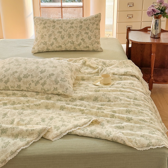 91家纺网 家纺一手货源 找家纺 木楌家居2025新款全棉皱皱纱花边款大豆夏被 南浔