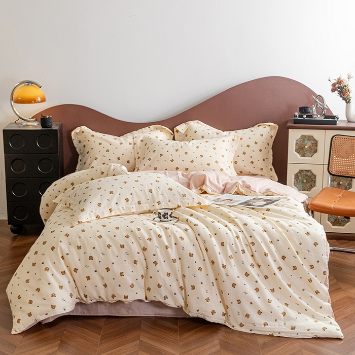 91家纺网 家纺一手货源 找家纺 锦罗绣2025新款A类母婴全棉有氧印花双层纱四件套可定制任意尺寸 呆萌熊