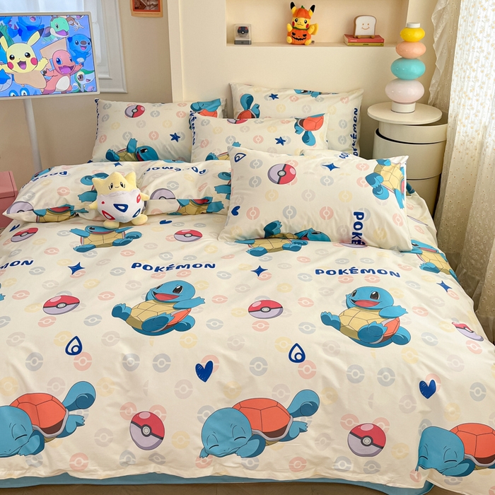 91家纺网 家纺一手货源 找家纺 金爱家 2025新款宝可梦正版授权皮卡丘纯棉印花系列四件套 棉宝可梦-欢快杰尼龟