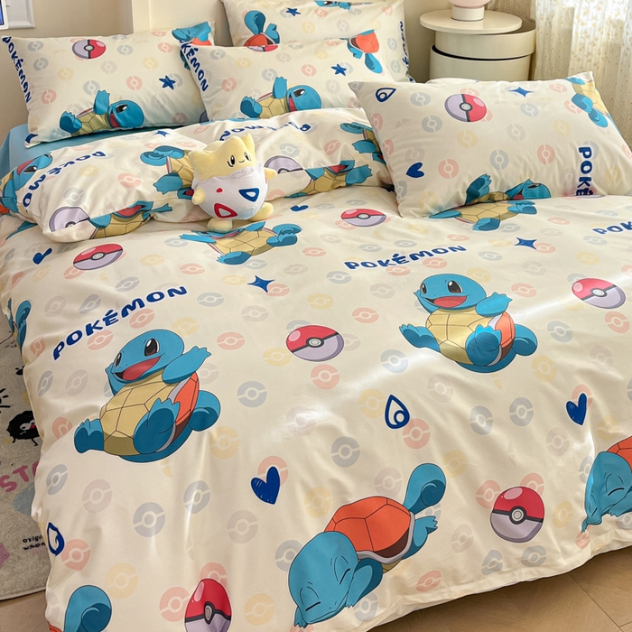 91家纺网 家纺一手货源 找家纺 金爱家 2025新款宝可梦正版授权皮卡丘纯棉印花系列四件套 棉宝可梦-欢快杰尼龟