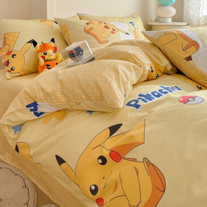 91家纺网 家纺一手货源 找家纺 金爱家 2025新款宝可梦正版授权皮卡丘纯棉印花系列四件套 棉宝可梦-宝贝皮卡丘