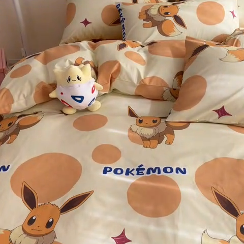 91家纺网 家纺一手货源 找家纺 金爱家 2025新款宝可梦正版授权皮卡丘纯棉印花系列四件套 棉宝可梦-泡泡伊布