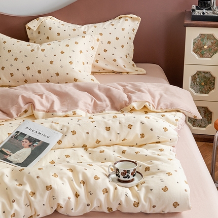 锦罗绣2025新款A类母婴全棉有氧印花双层纱四件套可定制任意尺寸 呆萌熊