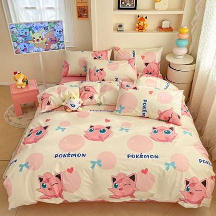 91家纺网 家纺一手货源 找家纺 金爱家 2025新款宝可梦正版授权皮卡丘纯棉印花系列四件套 棉宝可梦-蝴蝶结胖丁