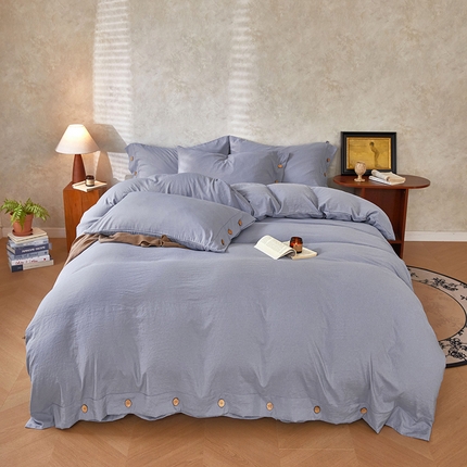 yyds网供 2025新款A类高克重侘寂风纽扣款四件套复古加厚非全棉纯棉日式水洗棉三件套【有买家秀，会员-5】 牛仔蓝-侘寂风复古纽扣款