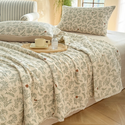 木楌家居2025新款全棉皱皱纱花边款大豆夏被 月白