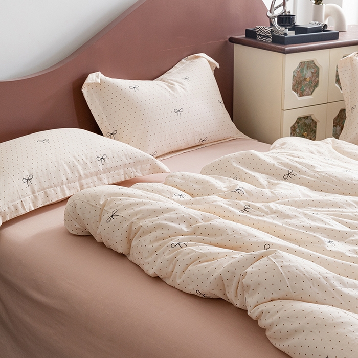 91家纺网 家纺一手货源 找家纺 锦罗绣2025新款A类母婴全棉有氧印花双层纱四件套可定制任意尺寸 波点蝴蝶结