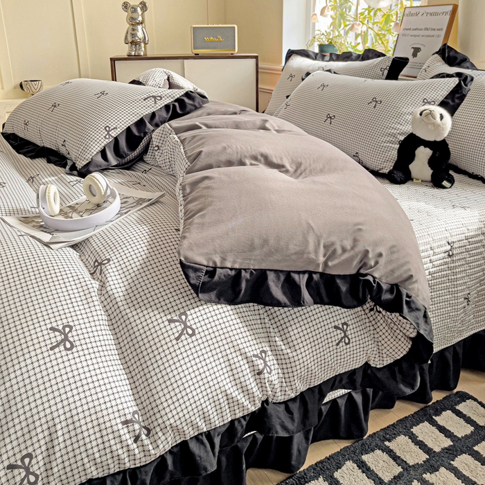 91家纺网 家纺一手货源 找家纺 富米莱（原臻工厂） 2025新款A类针织双层纱赫本风床盖四件套 赫本风一格子蝴蝶结