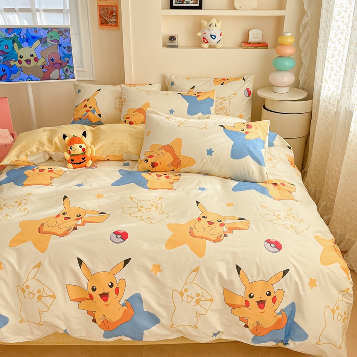91家纺网 家纺一手货源 找家纺 金爱家 2025新款宝可梦正版授权皮卡丘纯棉印花系列四件套 棉宝可梦-星星皮卡丘