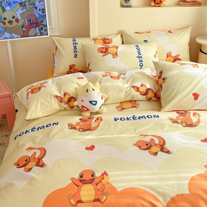 91家纺网 家纺一手货源 找家纺 金爱家 2025新款宝可梦正版授权皮卡丘纯棉印花系列四件套 棉宝可梦-开心喷火龙