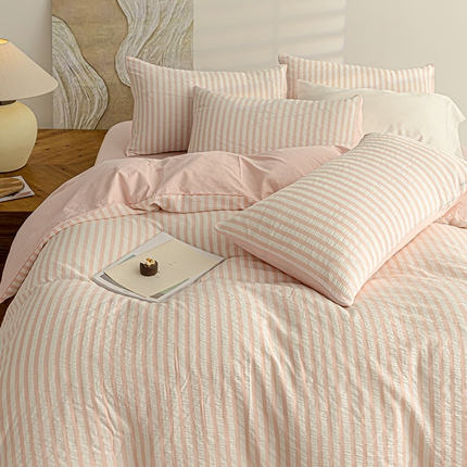 91家纺网 家纺一手货源 找家纺 恩和家纺 2025新款水洗提花条纹四件套 粉白条