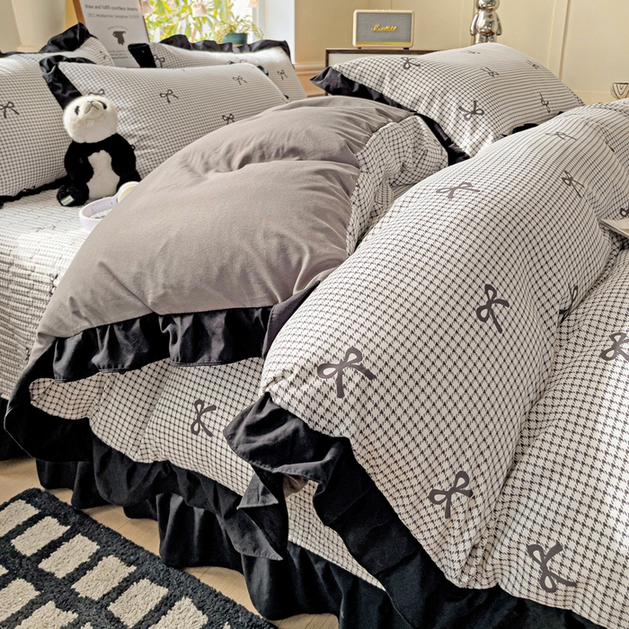 91家纺网 家纺一手货源 找家纺 富米莱（原臻工厂） 2025新款A类针织双层纱赫本风床盖四件套 赫本风一格子蝴蝶结