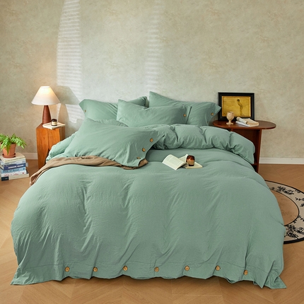 yyds网供 2025新款A类高克重侘寂风纽扣款四件套复古加厚非全棉纯棉日式水洗棉三件套【有买家秀，会员-5】 松石绿-侘寂风复古纽扣款