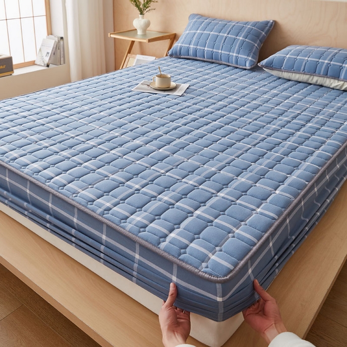 91家纺网 家纺一手货源 找家纺 暖季家纺 2025新款水洗棉夹棉床笠无印风棉花款 棉花床笠兰灰中格