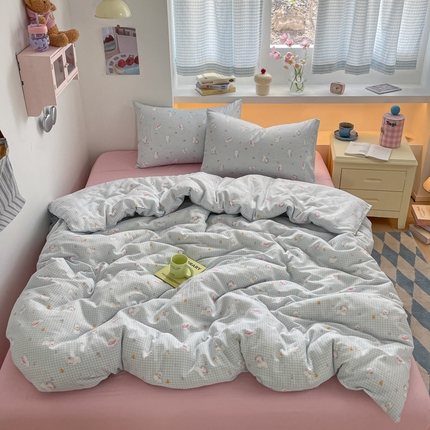 桃子家居2025新款A类纯棉有氧双层纱小清新可爱少女系列四件套 棉双层纱-蓝粉西高地